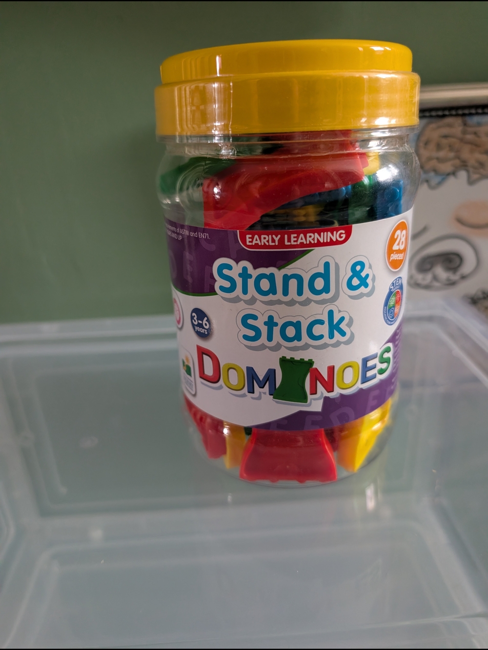 Stand & Stack Dominoes - Yellow Lid, Multicolor Pieces